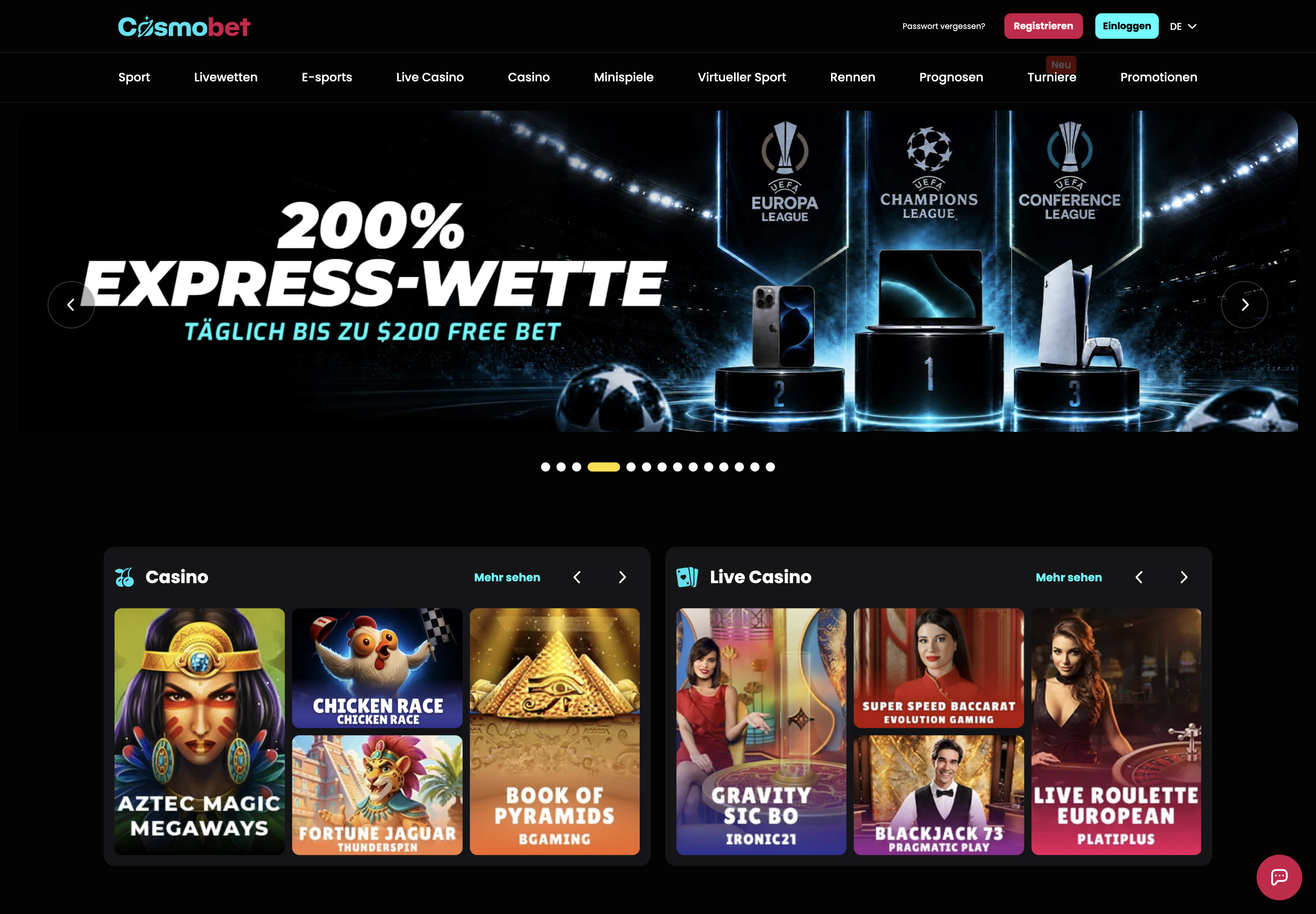 Cosmobet Casino: Startseite mit Europapokal-Wettaktion, Spielautomaten und Live-Casino