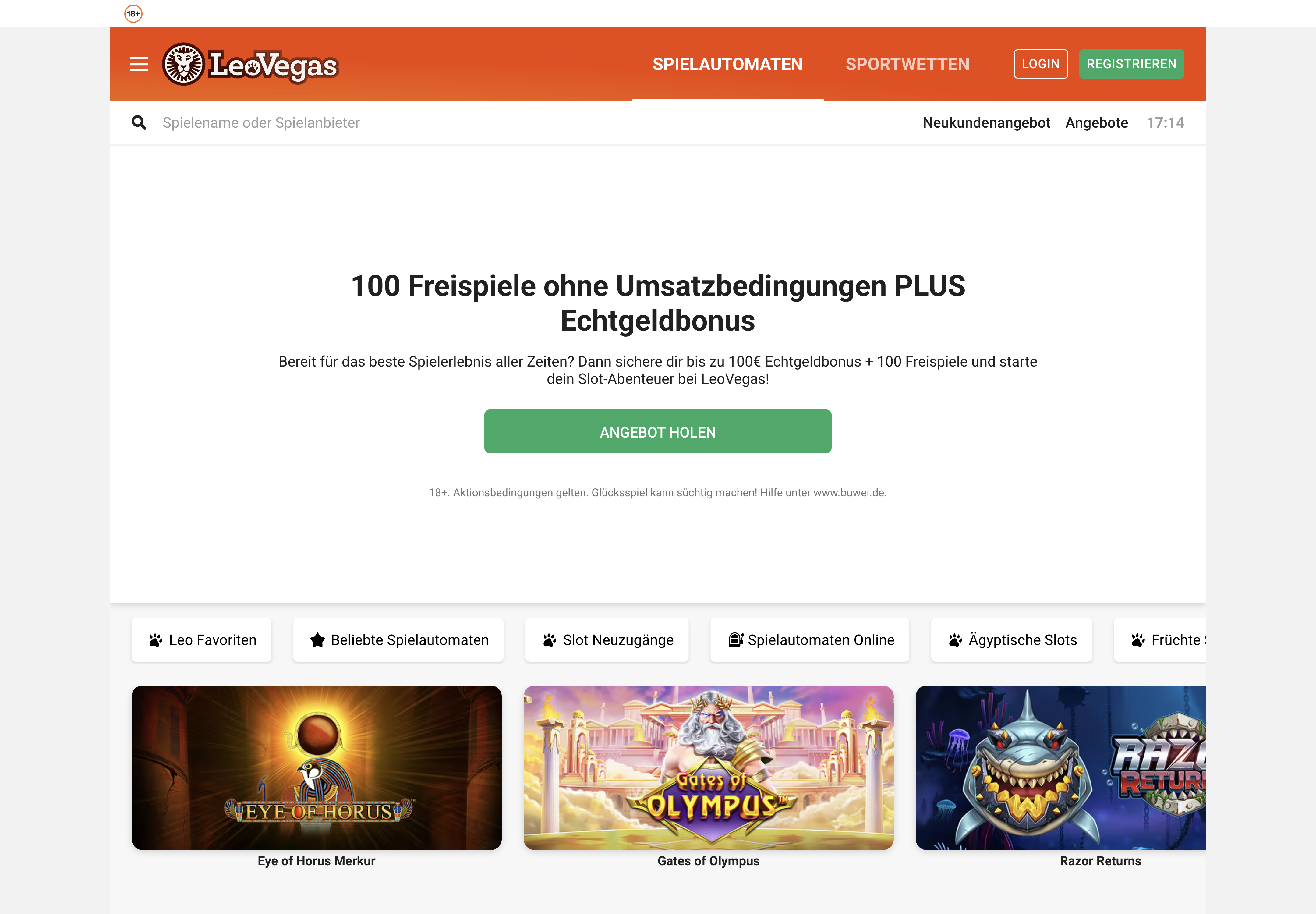 LeoVegas Casino: deutsche Startseite mit Freispielen, Echtgeldbonus und Spielautomaten