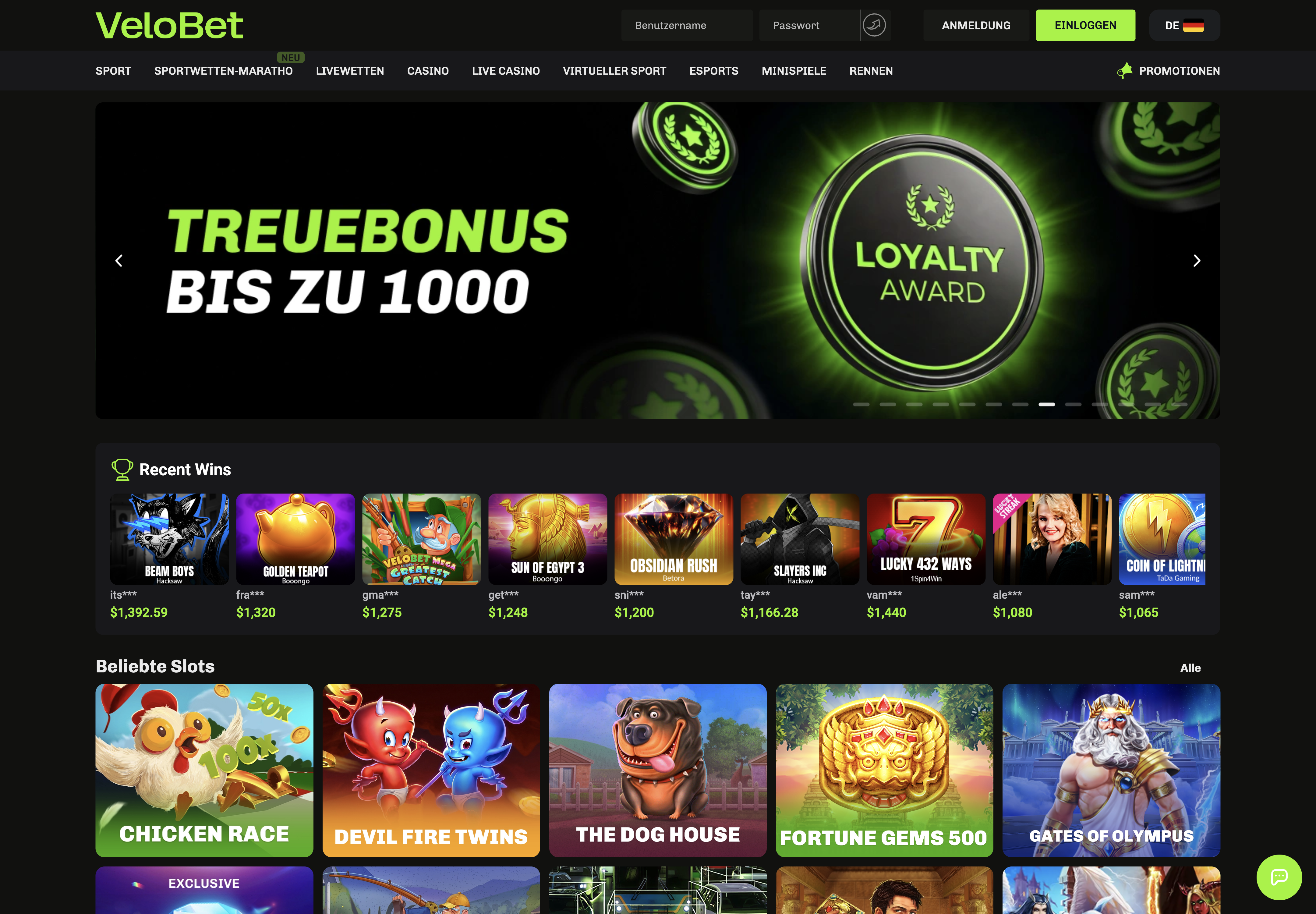Velobet Casino: Startseite mit Treuebonus, beliebten Slots und Zugang zu Livewetten